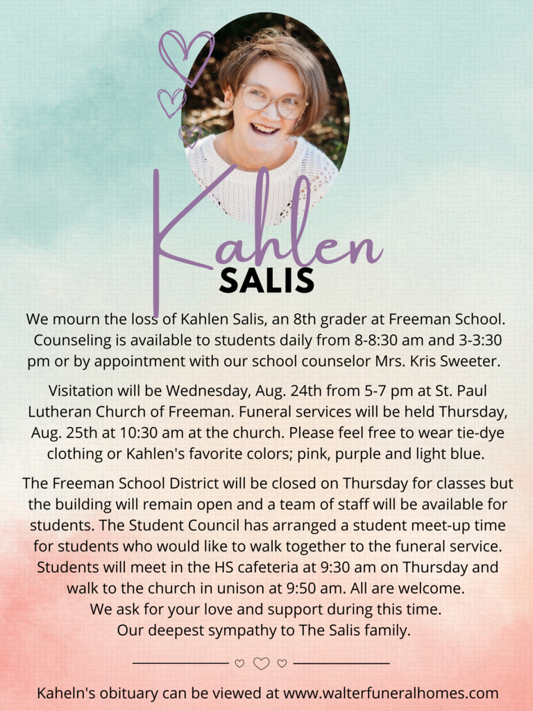 Kahlen Salis Memorial Announcement