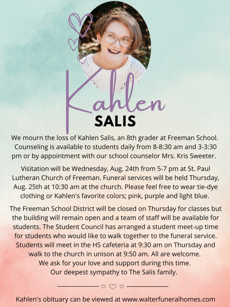 Kahlen Salis Memorial Announcement