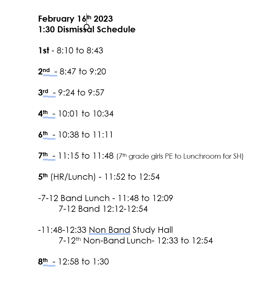 2-16-23 Early Dismissal Schedule