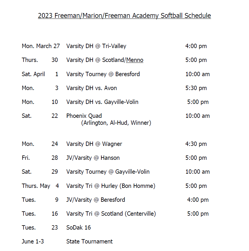 2023 Phoenix Softball Schedule